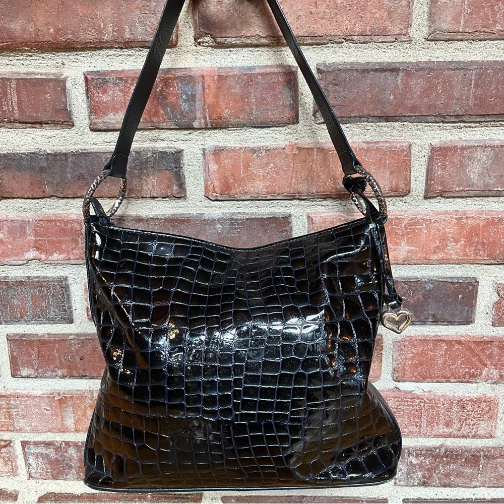 Brighton Cher Pewter Accent Black Crocodile Embossed Patent Leather Shoulder Bag